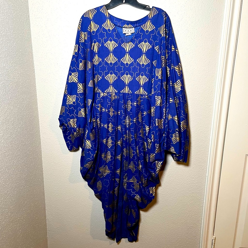 F.A.D. Traditional Purple Gold Draped Dress. Plus sized with internal waist belt